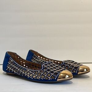 Pazzion Blue Suede Lambskin Gold Stud Embellishment & Gold Metal Toe Flats SZ 41